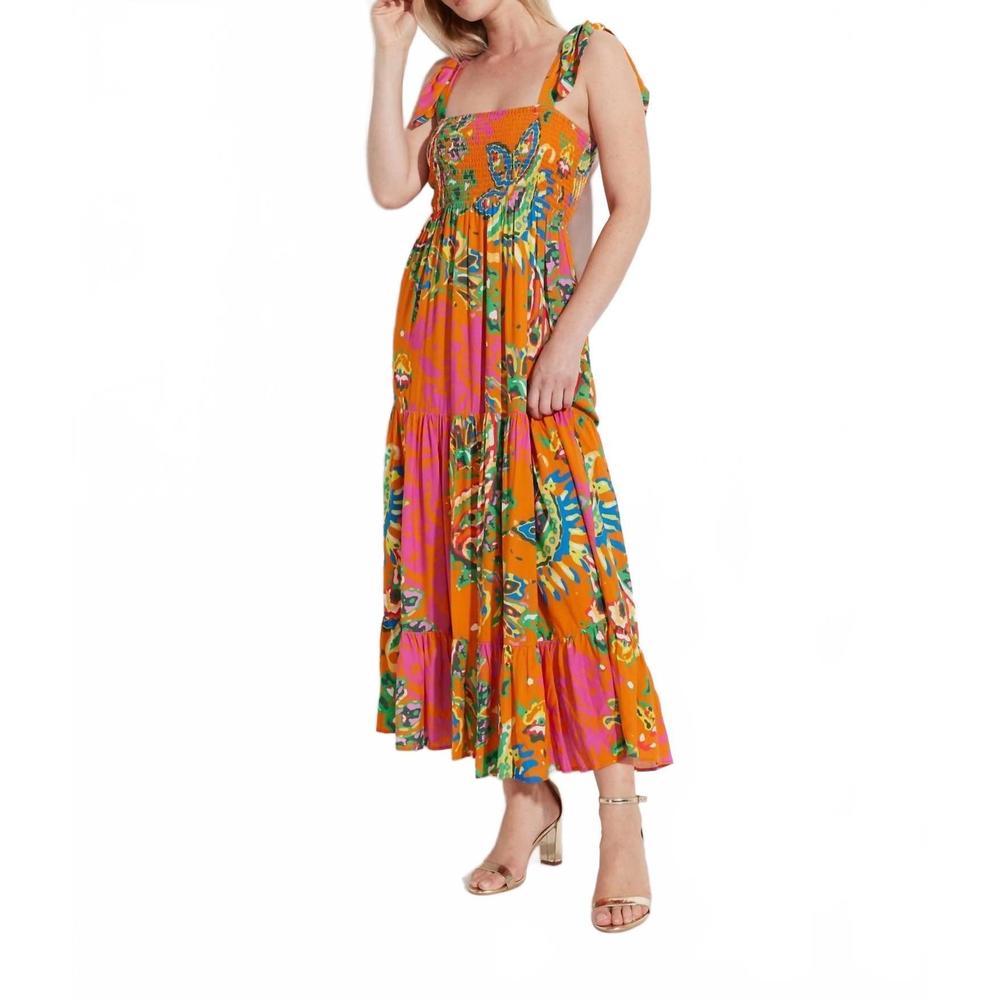 NEW OOLALA smocked floral dress in orange multi